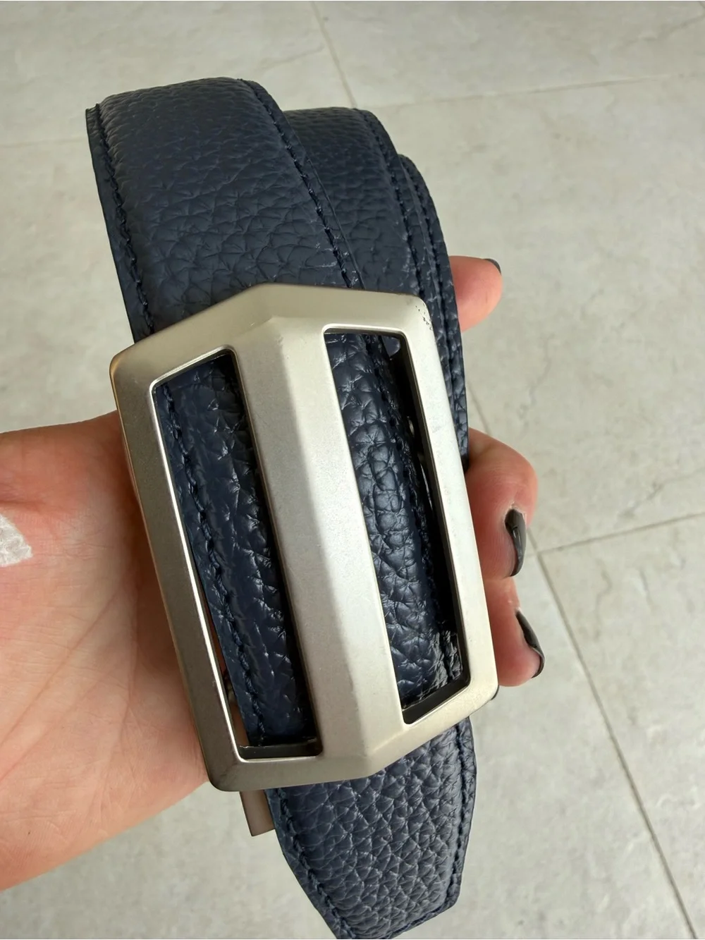 Men's Navy Textured Leather Belt with Brushed Silver Buckle